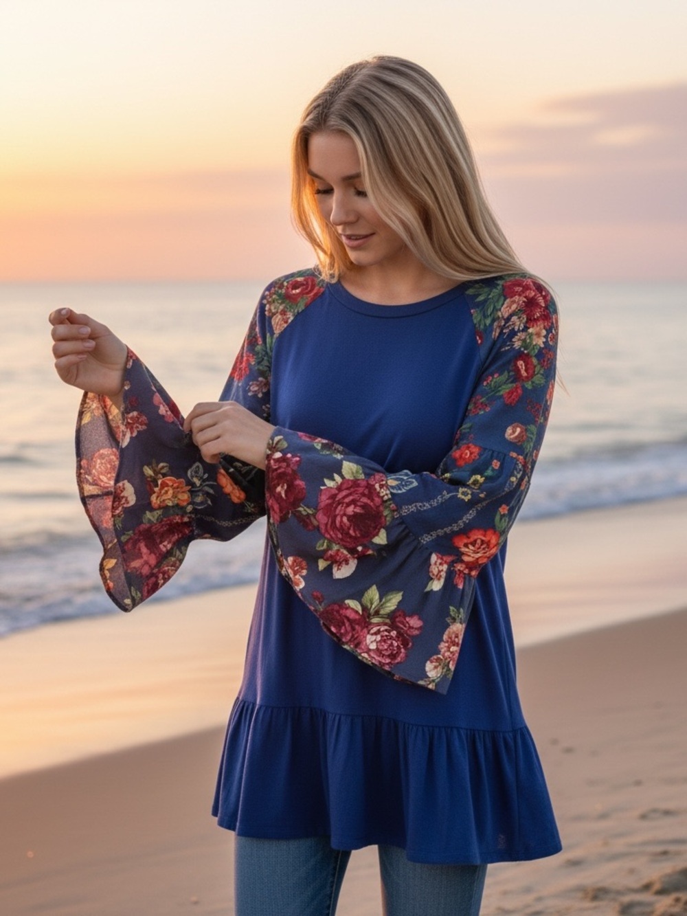 The Pioneer Woman Floral Bell Sleeve Peplum Top Blue Size L